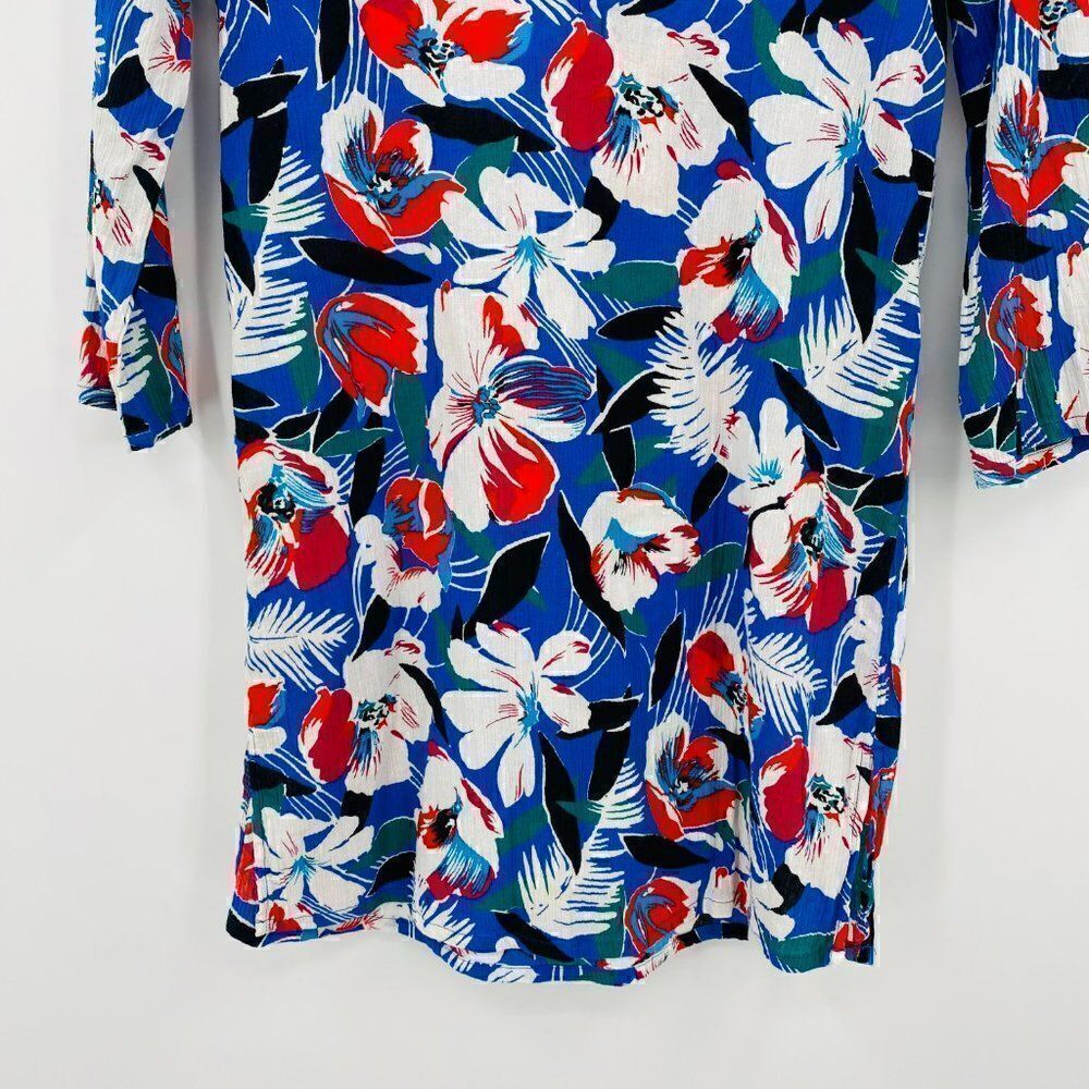 J. Crew Size XXS Blue & Red Floral 3/4 Sleeve V Neck Tissue Tunic Top Coverup - Picture 3 of 6